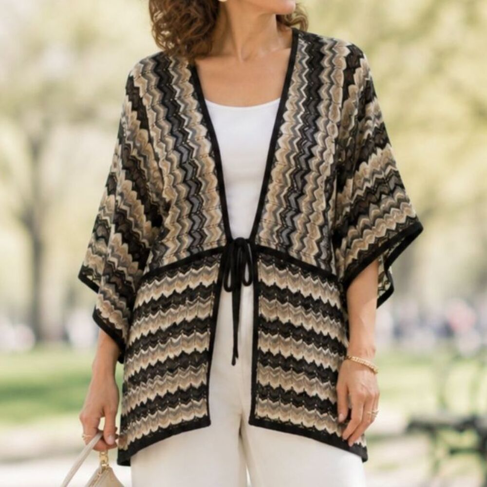 Chico’s Chevron Zig Zag Knit Gold Shimmer Cardigan M Boho Tribal Tunic Lagenlook